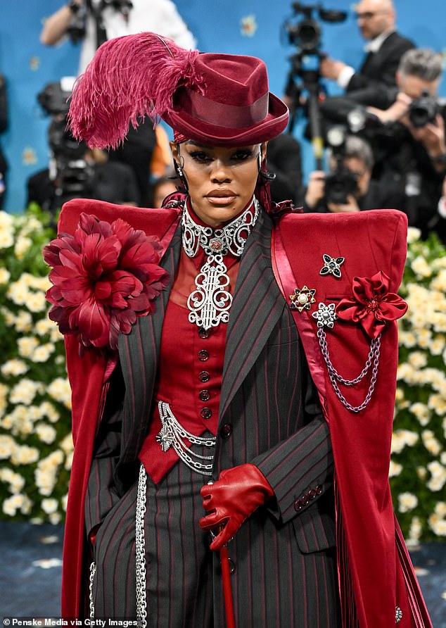 The theme of this year's black-tie event is 'Superfine: Tailoring Black Style' - inspired by the book 'Slaves to Fashion: Black Dandyism and the Styling of Black Diasporic Identity' written by Monica L. Miller. Teyana Taylor is pictured arriving at the star-studded event Monday evening