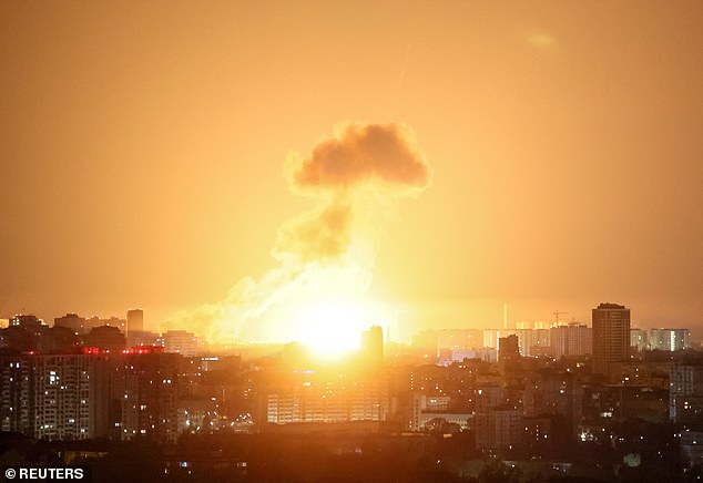 A risk assessment published in January warned that such a successful attack was 'likely to result in civilian fatalities as well as members of the emergency services,' while also causing serious economic damage and disruption to essential services. Pictured: The explosion of a missile lights up the sky over the city during a Russian missile and drone strike in Ukraine
