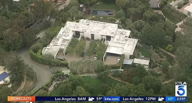 Aerial view of Jennifer Aniston's home after a car crashed through the gates.