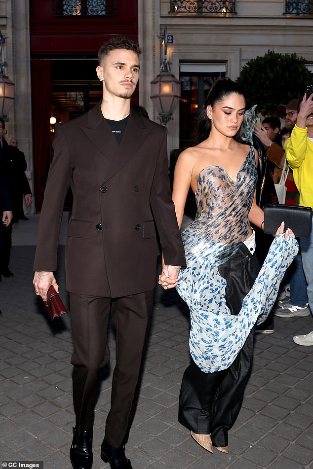 Romeo and Kim are believed to have sparked a romance in around October last year as she began liking his social media posts, before the couple went Instagram official with their relationship the following month (pictured in March 2025)