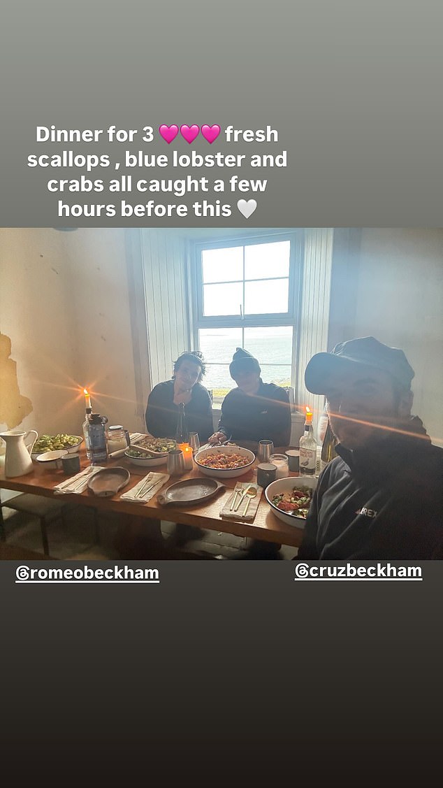 In what appeared to be a pointed jibe at Brooklyn's absence, David wrote 'dinner for three', as the family tucked into a freshly-caught dinner of scallops and lobster