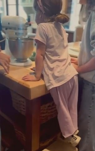In the video, Lilibet was standing on a step next to a kitchen counter