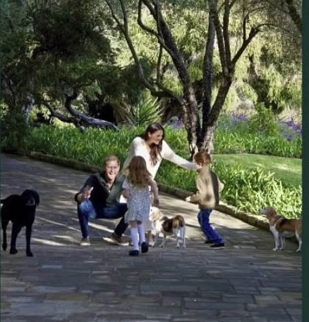 A close-up of one of the photos on Prince Harry and Meghan's 2025 Christmas card showing their dogs and children, Archie and Lilibet