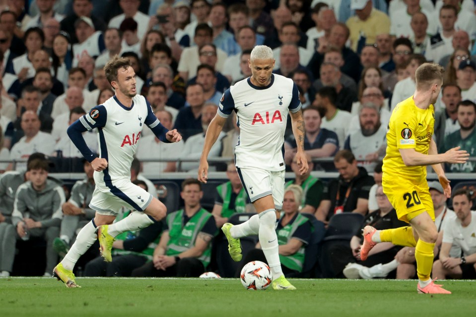 Tottenham Hotspur players Richarlison and James Maddison during a UEFA Europa League match.