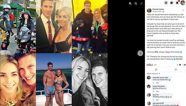 This is the second time Ms James has lost a partner in a motorcycle race. She posted this tribute to her former partner Billy Redmayne after he died in an accident in 2016