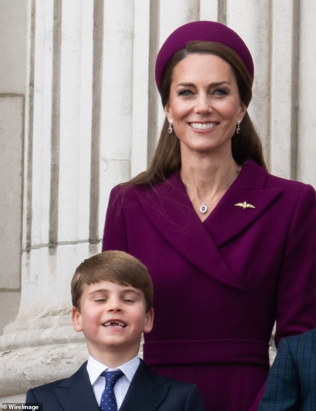 The Princess of Wales and Prince Louis watch the flypast to mark the 80th anniversary of VE Day on May 05, 2025 in London