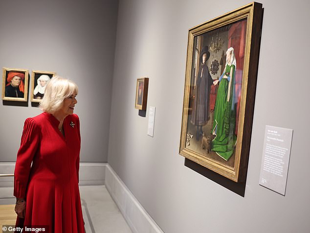 Queen Camilla during a visit to The National Gallery on May 06, 2025 in London