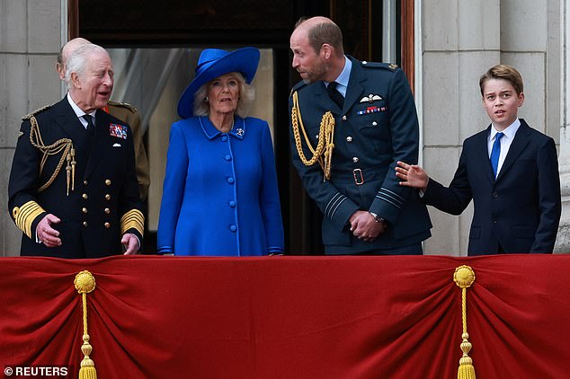King Charles, Queen Camilla, Prince of Wales and Prince George react during the Buckingham Palace flypast yesterday
