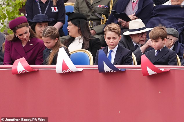Princess Charlotte was joined by Prince Louis, seven, and Prince George, 11, who all showed a keen interest in the celebrations