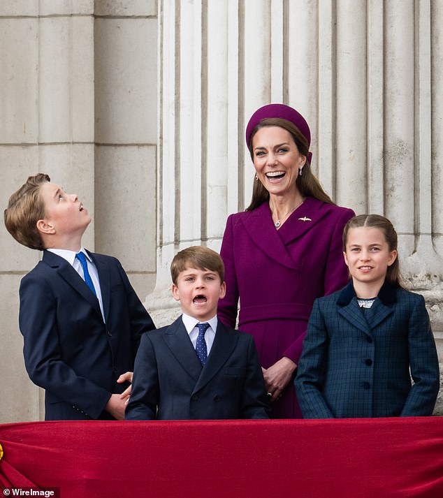 Kate laughed as her children - George, Charlotte and Louis - looked to enjoy the festivities for VE Day this afternoon
