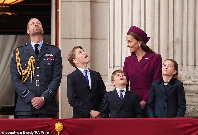 The Waleses were seen looking up at the sky as they enjoyed the fly-past with one another yesterday