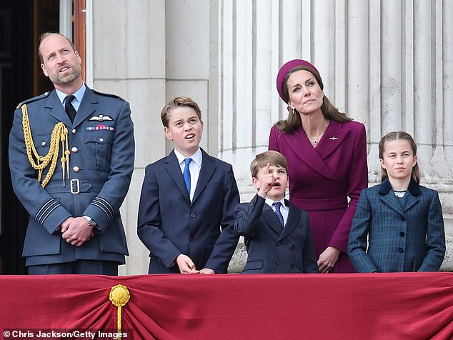 In-between waving at the well-wishers, Louis pointed up at the sky and seemingly took in the fly-past