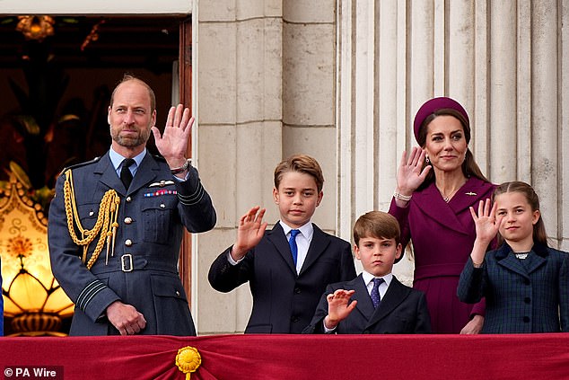 William and Kate were in high spirits as they took in the fly-past with their children from the balcony