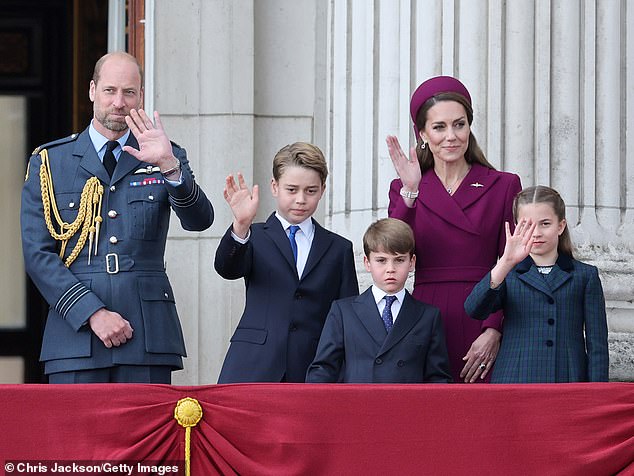 The family waved at crowds as they joined other family members on the balcony for yesterday's festivities