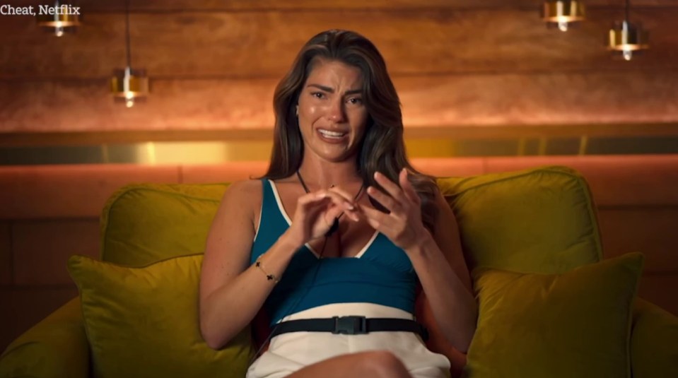 Rebecca from Love Island crying on Amanda Holden's Netflix show after learning about Biggs' cheating.