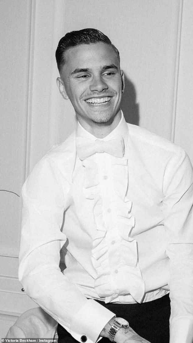 The doting mother took to her Instagram Stories to post individual black-and-white portraits of their children Romeo (pictured), 22, Cruz, 20, and Harper, 13 - but Brooklyn was missed out