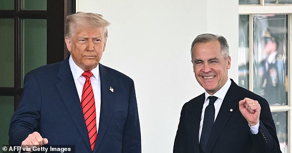 US President Donald Trump greets Canadian Prime Minister Mark Carney as he arrives at the White House in Washington, DC, on May 6, 2025. (Photo by Mandel NGAN / AFP) (Photo by MANDEL NGAN/AFP via Getty Images)