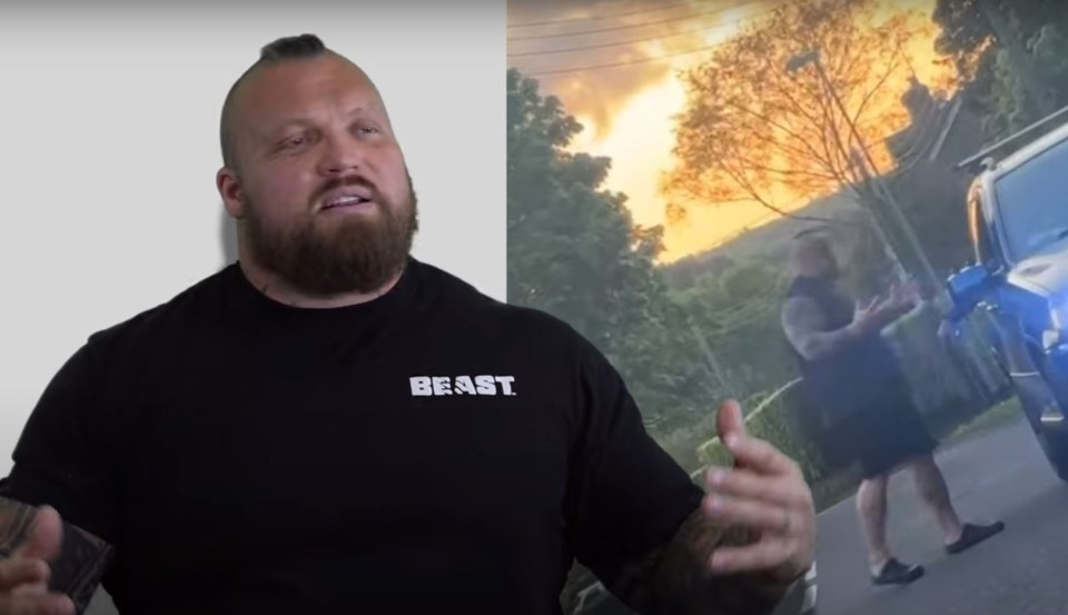 Screenshot of a man in a black shirt talking, next to a video still of him outside near a fire.