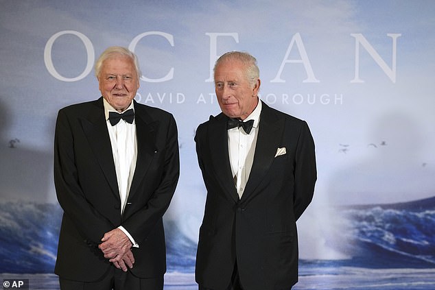 A-lists got together to celebrate the legendary environmentalist, 98, and his latest documentary which releases on his 99th birthday on Thursday - pictured with King Charles II
