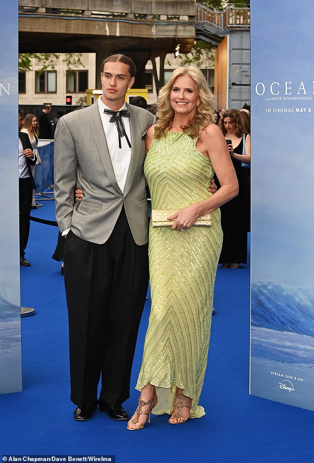 Penny Lancaster looked incredibly stylish in a lime green sparkling dress as she joined her son Alastair Wallace Stewart, 19