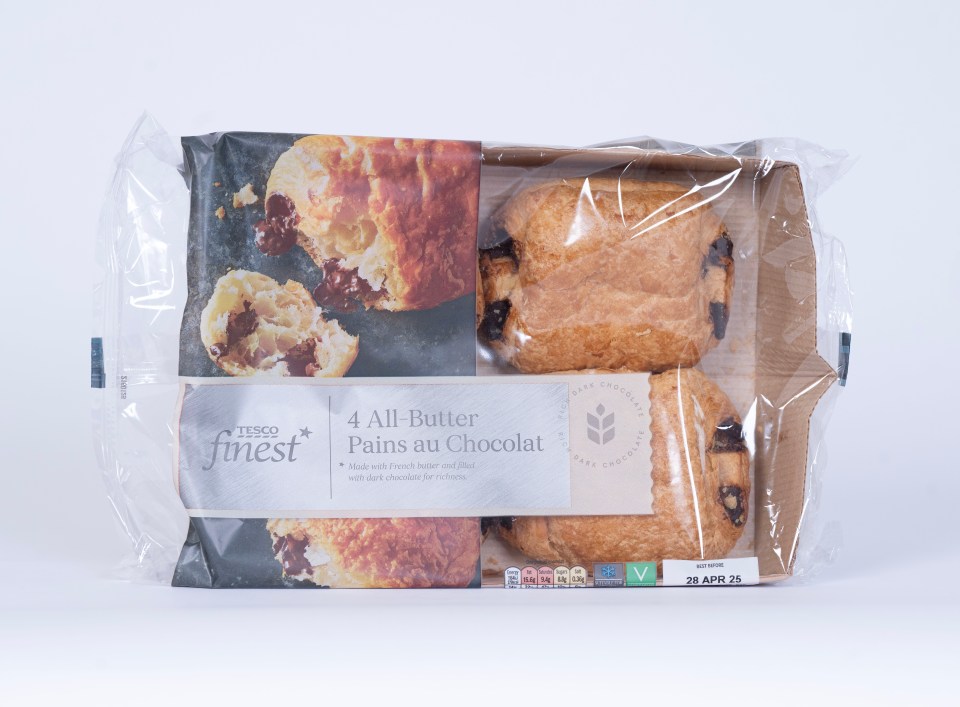 Package of Tesco Finest 4 All-Butter Pains au Chocolat.
