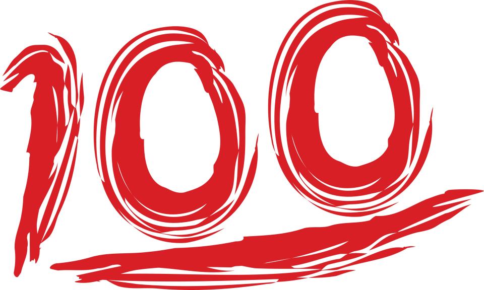 Illustration of the number 100 in red paint strokes.