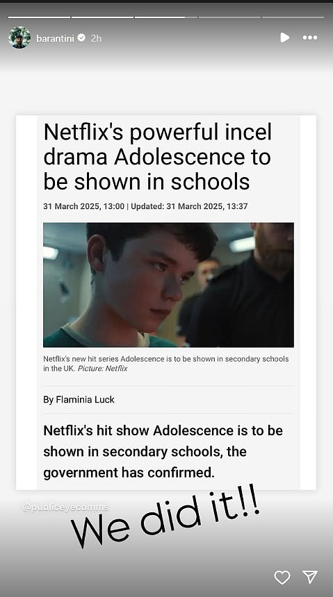Adolescence director Philip Barantini celebrated in March after it was announced that the hit Netflix drama will be made available for free at all schools across Britain