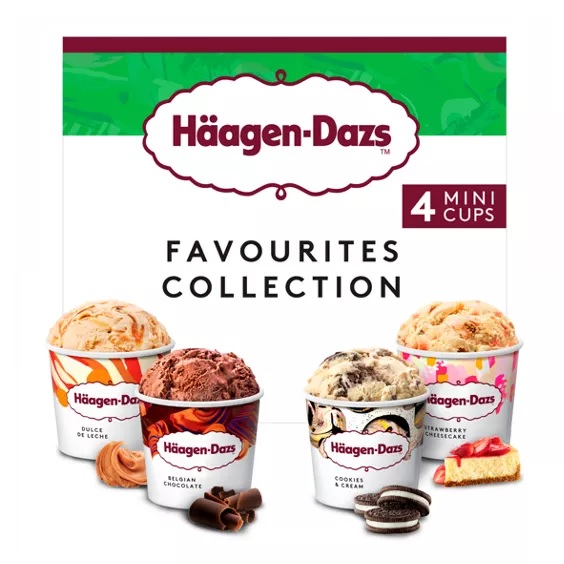 Häagen-Dazs four mini cup favorites collection: Dulce de Leche, Belgian Chocolate, Cookies & Cream, and Strawberry Cheesecake.