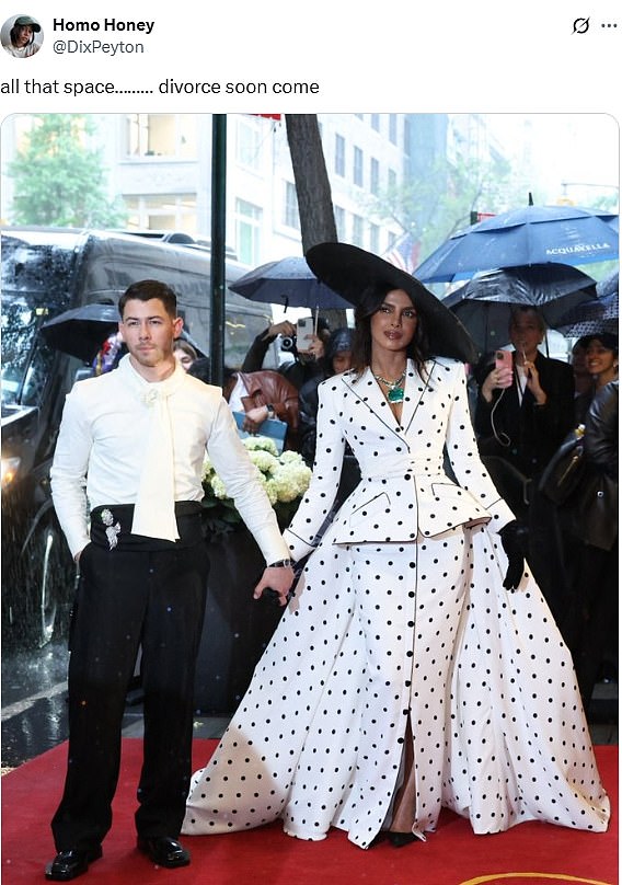 Observing something similar, one fan posted a picture of the two of them holding hands but standing far away from each other in front of The Carlyle hotel on X as they were getting ready to go to the Met