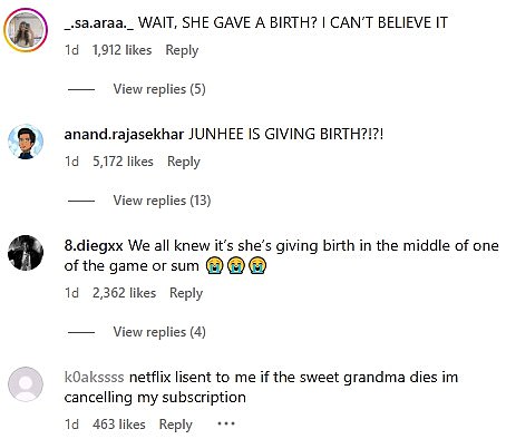 Another user dubbed _.sa.araa._ said, 'WAIT, SHE GAVE A BIRTH? I CAN¿T BELIEVE IT,' while anand.rajasekhar added, 'JUNHEE IS GIVING BIRTH?!?!'