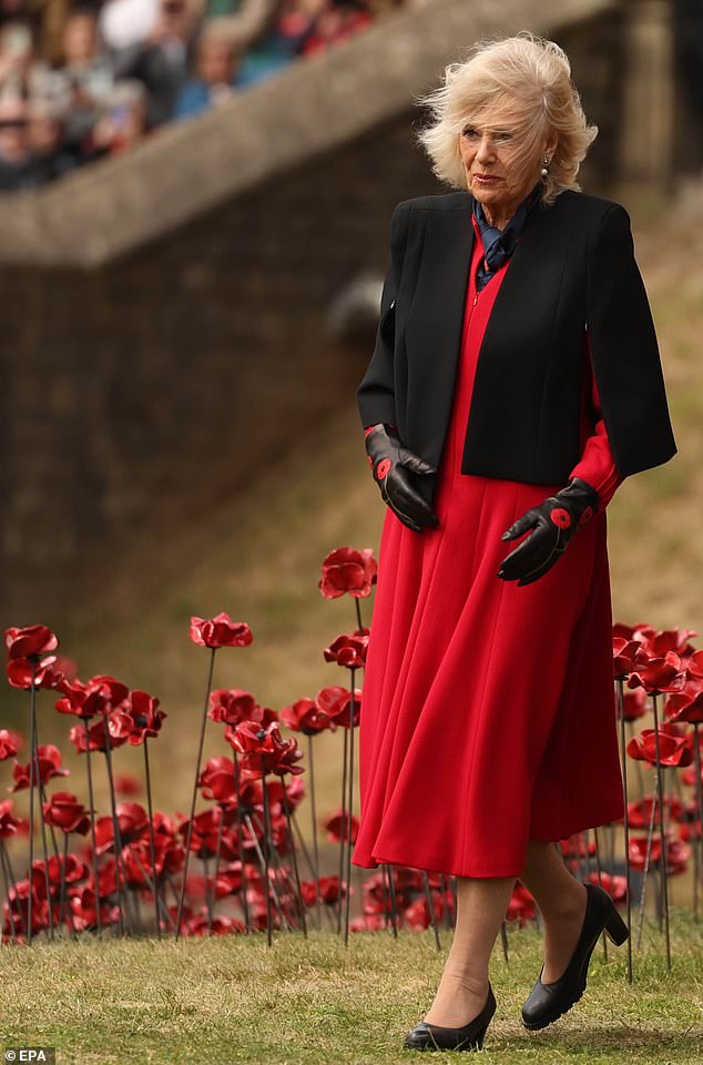 The Queen donned her own poppies along with a a red wool crepe dress by Fiona Clare and black cape