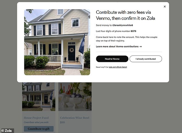 The couple asked for contributions to pay to help pay for their marital home as a wedding gift