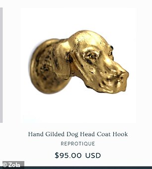 A gold-colored dog head coat hook retailing for $95 was on the list
