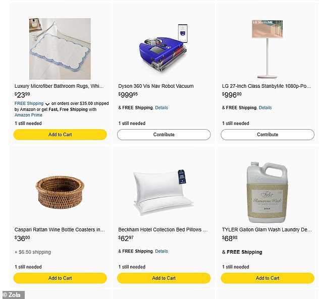 None of the wedding guests have yet opted to splurge $999.95 on a Dyson Robot vacuum or a $69 bottle of ¿Glam wash¿ laundry detergent