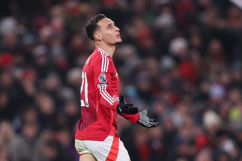 Antony of Manchester United reacts after a missed chance.