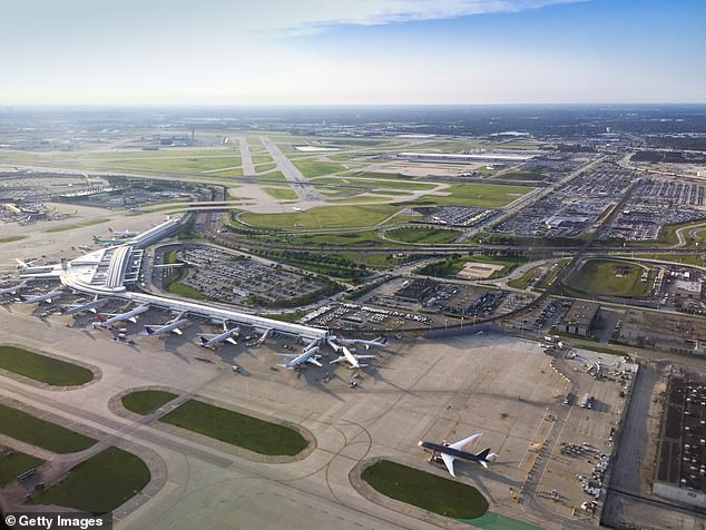 Hall was nabbed after arriving at Chicago O'Hare (pictured) on a connecting flight in August 2024