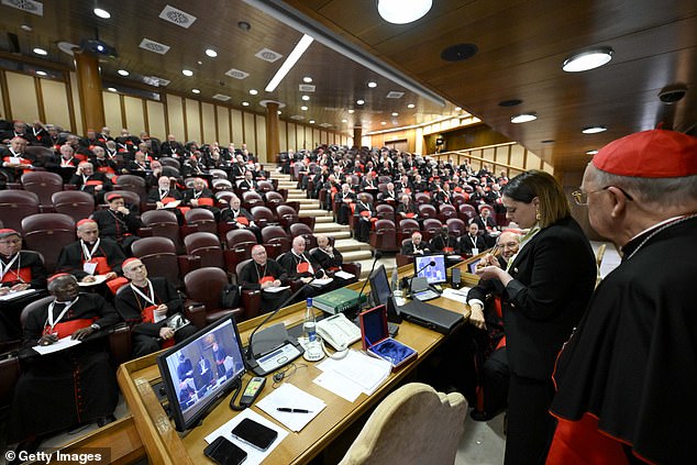 A view of the Synod Hall during the twelfth and final General Congregation of Cardinals the day before the beginning of the Conclave, on May 06, 2025 in Vatican City, Vatican