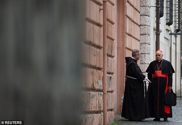 Cardinals Luis Jose Rueda Aparicio and Ruben Salazar Gomez arrive at the Vatican for the College of Cardinals' meeting, on May 5, 2025 in Rome, Italy