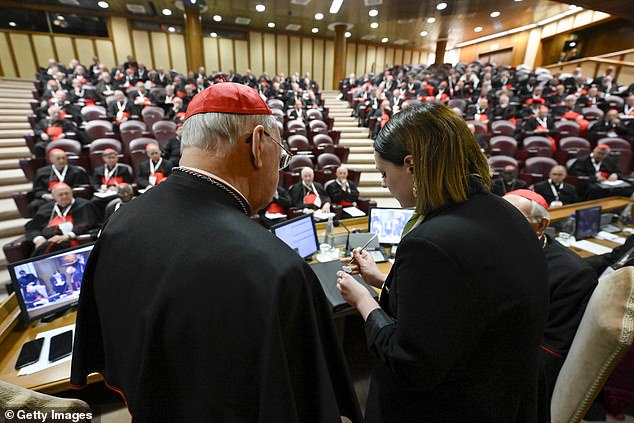 A view of the Synod Hall during the twelfth and final General Congregation of Cardinals the day before the beginning of the Conclave, on May 06, 2025 in Vatican City, Vatican