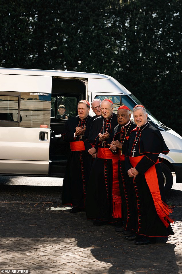 U.S Cardinals Wilton Gregory, Blase Cupich, Joseph Tobin, Timothy Dolan and Robert McElroy prepare to leave the Pontifical North American College ahead of the conclave, in Rome, Italy May 6, 2025