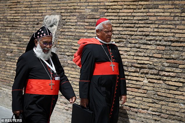 Cardinal Soane Patita Paini Mafi and Cardinal Baselios Cleemis walk, ahead of the conclave to elect the next pope, as seen from Rome, Italy, May 6
