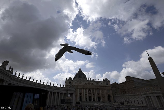 A bird flies over Saint Peter's Square during the meeting of the General Congregation of Cardinals, in Vatican City, 05 May 2025
