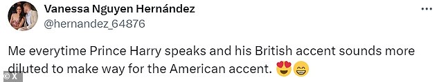 Reaction: One person wrote on X: 'He totally has an American accent now,' while another penned: 'Prince Harry's British accent sounds more diluted to make way for the American accent'