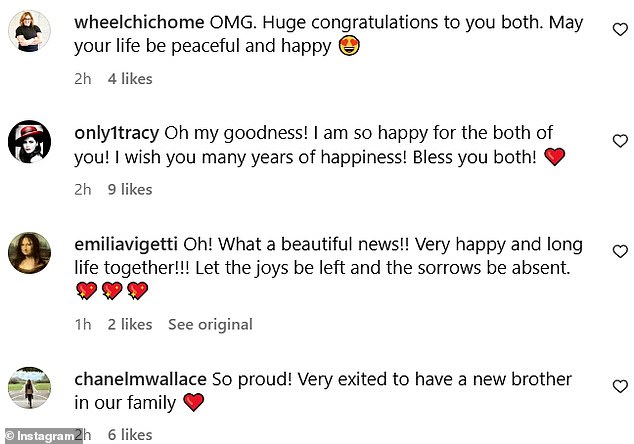 Their happy news was met with congratulatory messages from their Instagram followers, with Bianca's sister Chanel remarking: 'So proud! Very exited to have a new brother in our family.'