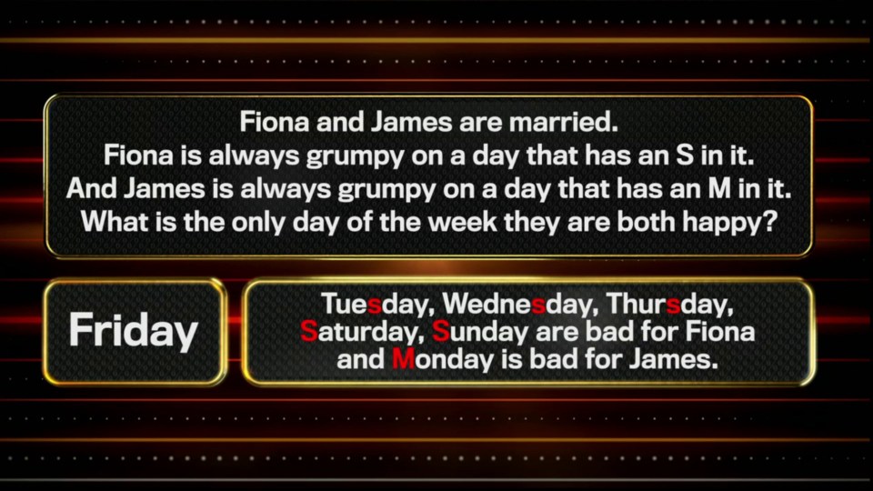 Riddle: Fiona and James are grumpy on days with "S" and "M," respectively.  What day are they both happy?  Answer: Friday.