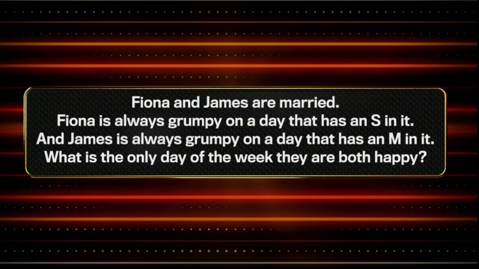 Riddle: Fiona and James are married. Fiona is grumpy on days with an "S," and James is grumpy on days with an "M." What day are they both happy?
