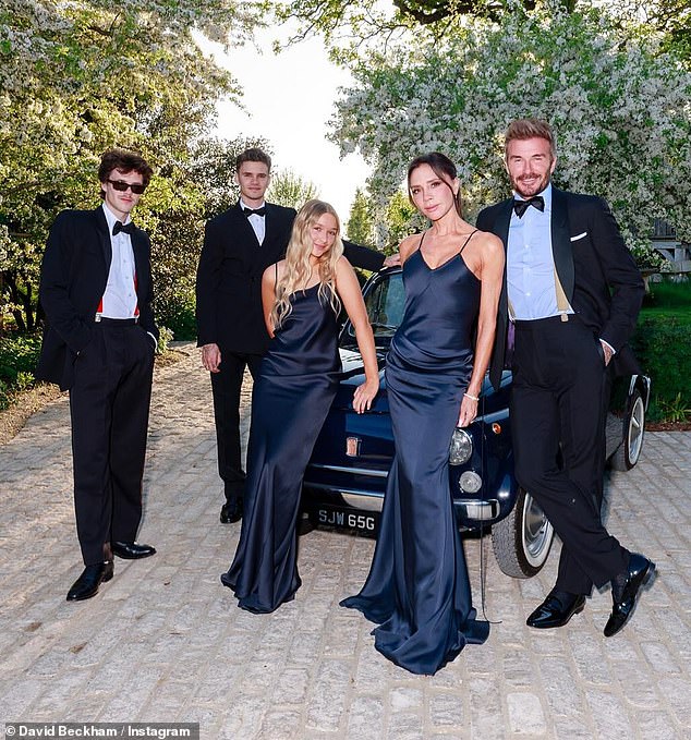 David and Victoria's children Romeo, 22, Cruz, 20, and Harper, 13, joined them for a week of celebrations (pictured on Wednesday in the Costwolds), though Brooklyn was notably absent