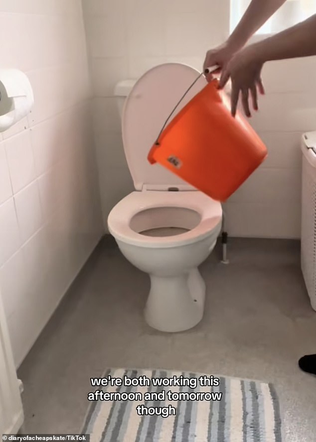 Another cost-saving method she shared was when her toilet is broken and won't flush she uses a bucket of rainwater to get it going again