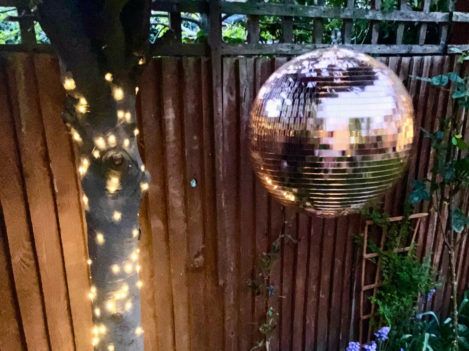 Rose gold disco ball hanging on a wooden fence with string lights on a tree trunk.