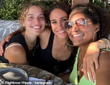 Meghan with poet Cleo Wade (left) and Kadi Lee (right) to celebrate her 42nd birthday in 2023